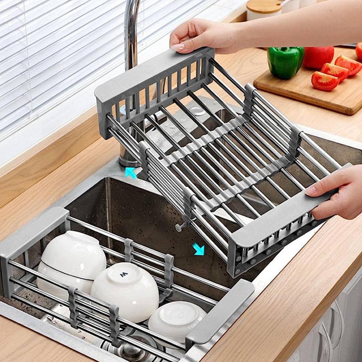Kitchen Sink Adjustable Rectangular Strainer Drain Fruit Vegetable Dishe Black Basket Storage Rack Stainless Steel