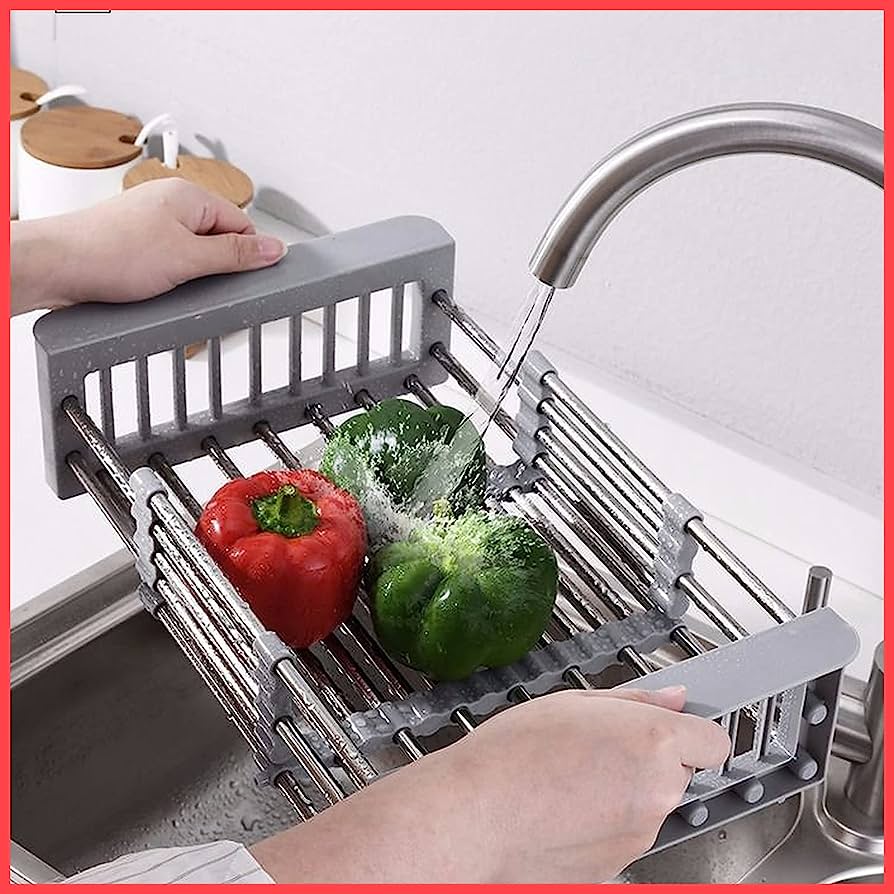 Kitchen Sink Adjustable Rectangular Strainer Drain Fruit Vegetable Dishe Black Basket Storage Rack Stainless Steel