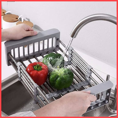 Kitchen Sink Adjustable Rectangular Strainer Drain Fruit Vegetable Dishe Black Basket Storage Rack Stainless Steel