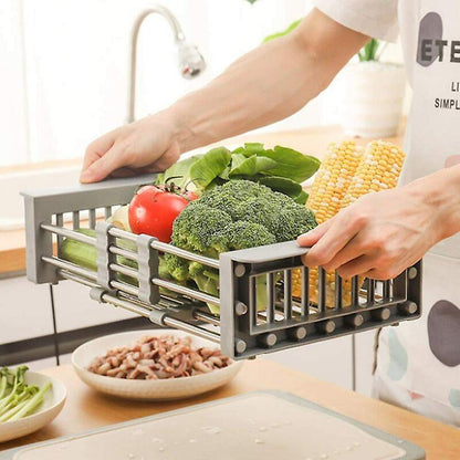 Kitchen Sink Adjustable Rectangular Strainer Drain Fruit Vegetable Dishe Black Basket Storage Rack Stainless Steel