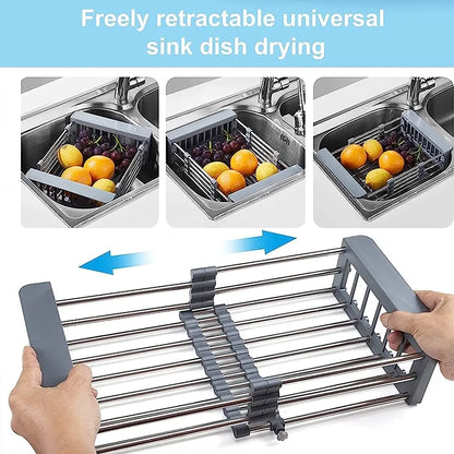 Kitchen Sink Adjustable Rectangular Strainer Drain Fruit Vegetable Dishe Black Basket Storage Rack Stainless Steel