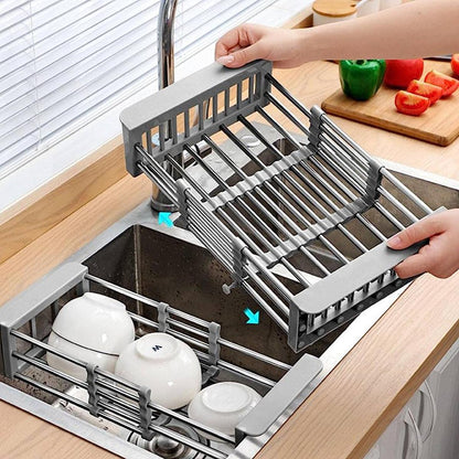 Kitchen Sink Adjustable Rectangular Strainer Drain Fruit Vegetable Dishe Black Basket Storage Rack Stainless Steel